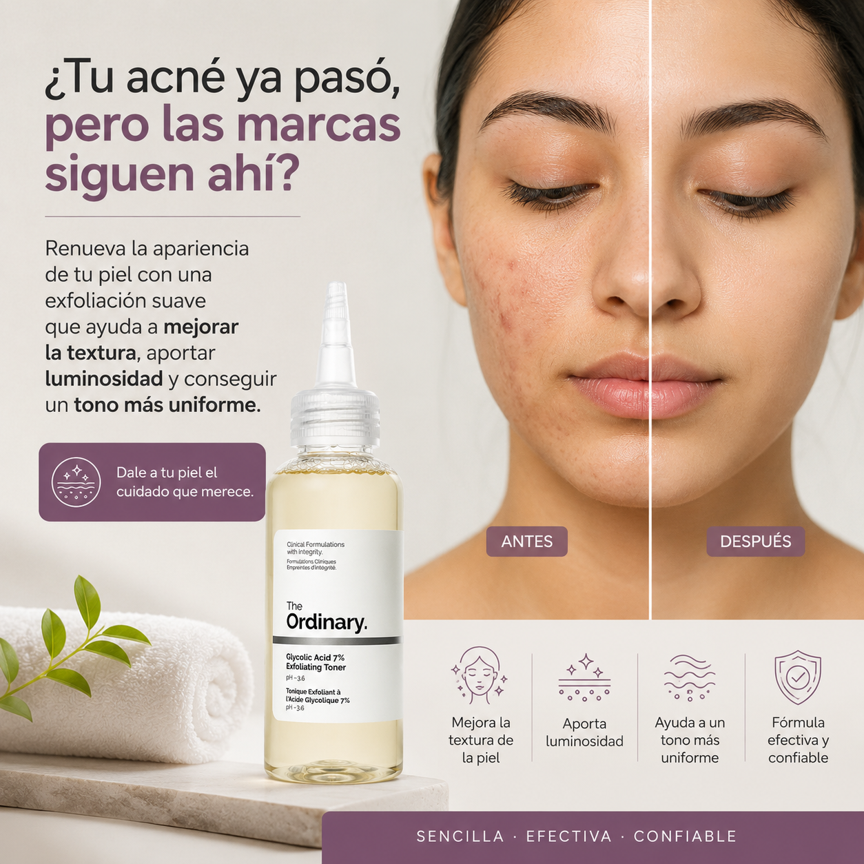 Acido Glycolico: Piel más uniforme y luminosa.